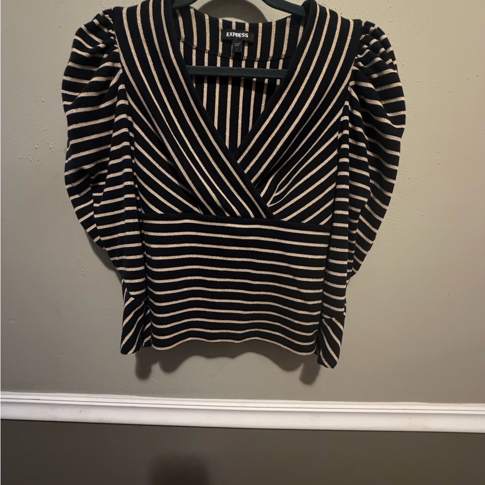 Express Women's Black and Cream Striped Blouse
